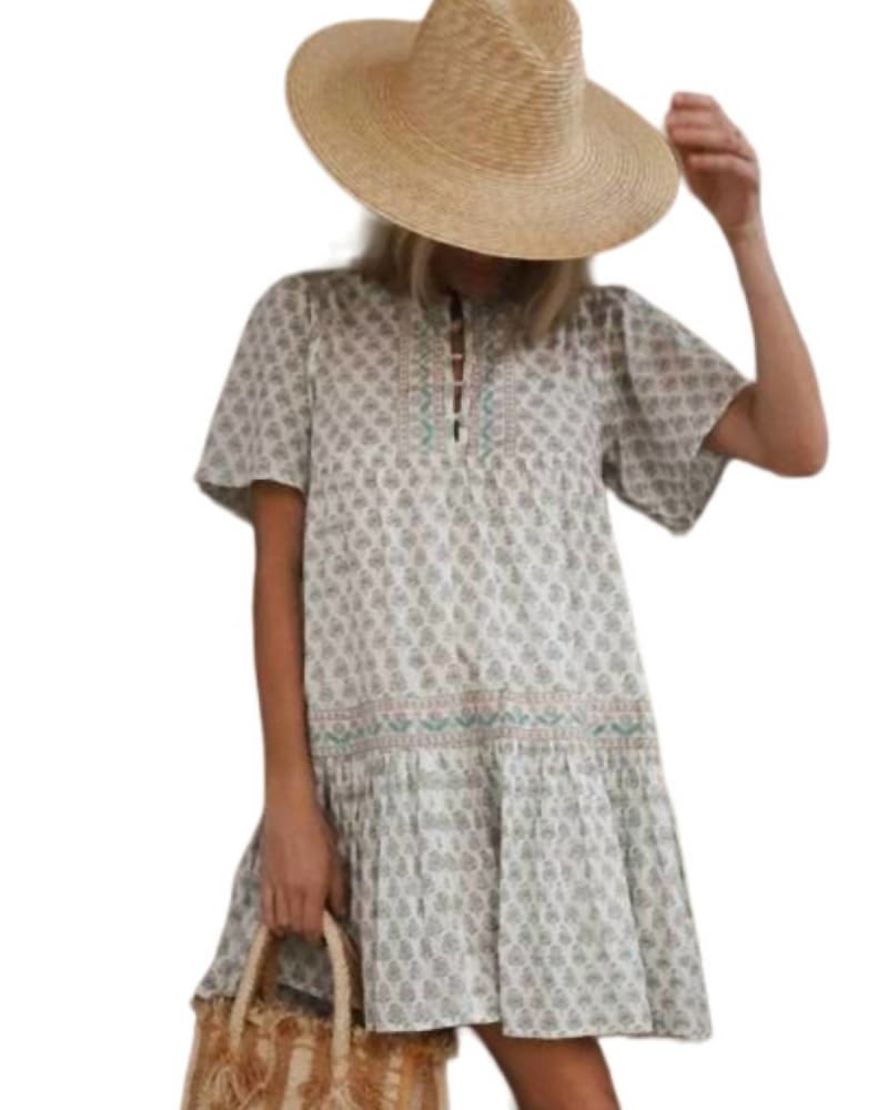 Back of a model wearing a size Large Tiki Cover Up In White Teal Grey Multi in White Teal Grey Multi by Marea. | dia_product_style_image_id:354767